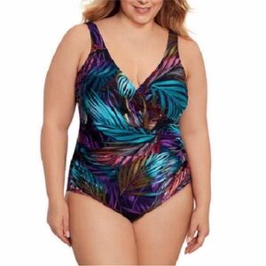 Miradonna Women's Swimsuit by Miraclesuit Black Palm Design One Piece